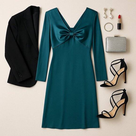 Vintage Talbots Teal Bow-Bust Midi Dress | Silk Bodice | Long Sleeve | 6P - Picture 3 of 9